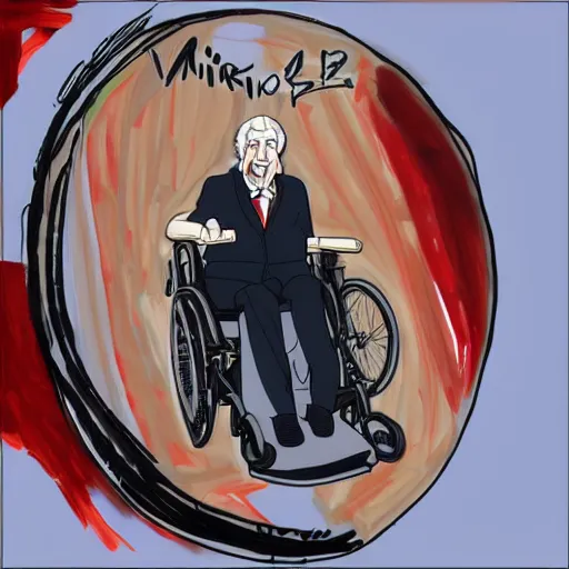 Image similar to milos zeman on a wheel - chair painted in anime style, detailed, villian