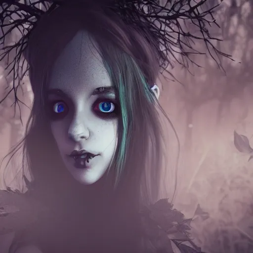 Prompt: portrait of beautiful darkness witch 3D anime girl, dark forest background, inspired by Tim Burton, digital painting, unreal engine render, volumetric light, high détail