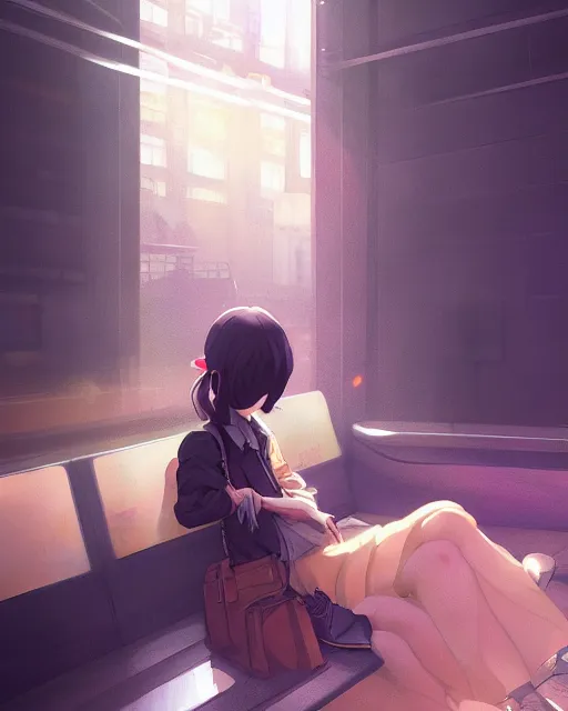 Prompt: a lonely girl sitting on a subway, full shot, ambient lighting, detailed shading, by makoto shinkai, stanley artgerm lau, wlop, rossdraws