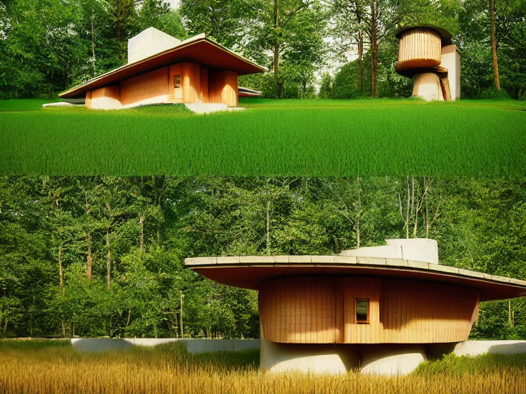 Image similar to hyperrealism design by frank lloyd wright and kenzo tange photography of beautiful detailed small house with many details around the forest in small detailed ukrainian village depicted by taras shevchenko and wes anderson and caravaggio, wheat field behind the house, volumetric natural light