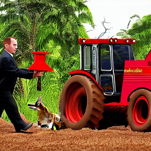 Image similar to a preacher with short cropped hair and a widows peak driving a small red bulldozer through the jungle while a wolfman runs along beside him