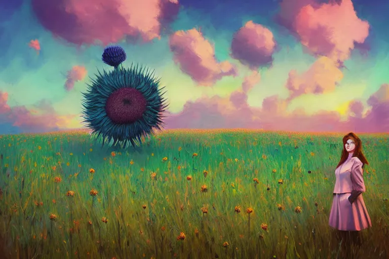 Prompt: giant thistle flower head, girl in suit in field of flowers, surreal photography, sunrise, blue sky, dramatic light, impressionist painting, digital painting, artstation, simon stalenhag