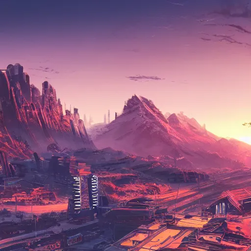 Prompt: beautiful sunset over detailed cyberpunk suburb in a valley surrounded by epic mountains with snowtops, sharp, highly detailed, hyperrealistic, kacper niepokolczycki, syd mead, 4 k, perfect geometry