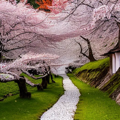 Image similar to stone path through a cherry blossom filled valley leading to a monastery