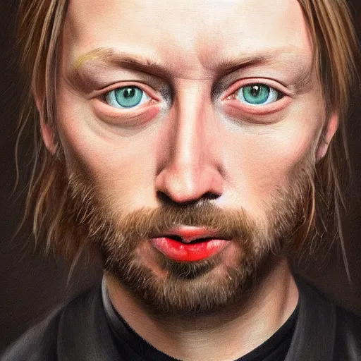 Image similar to Caricature portraits done of a young Thom Yorke, realistic, hyperrealistic, very realistic, highly detailed, very detailed, extremely detailed, detailed, oil painting, digital art, trending on artstation