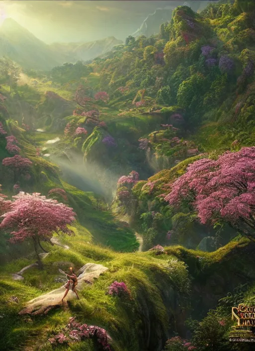 Image similar to a flying fairy in the distance of a lord of the rings scenery landscape, a vast lush valley flowers and wood structures, stream, sunrise, god's rays highly detailed, vivid color, cinematic lighting, cosmic, perfect composition, 8 k, gustave dore, derek zabrocki, greg rutkowski, belsinski, octane render