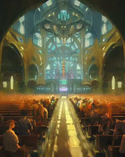 Prompt: craig mullins and ghibli digital matte art of a crowd in a futuristic church, priest, pews, ethereal, inviting, bright, unreal engine, hyper realism, realistic shading, cinematic composition, realistic render, octane render, detailed textures, photorealistic, wide shot