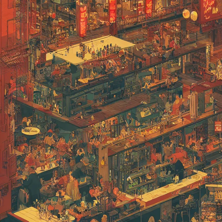 Prompt: isometric view illustration of a very lively restaurant and bar neighborhood , highly detailed, end of the day, by Victo Ngai and Bruce Pennington