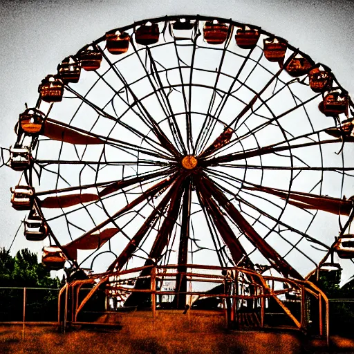 Image similar to an old abandoned rusty ferris wheel, in a town filled with pale yellow mist. Dystopian. Award-winning colored photo. Sigma 40mm f/1.4 DG HSM