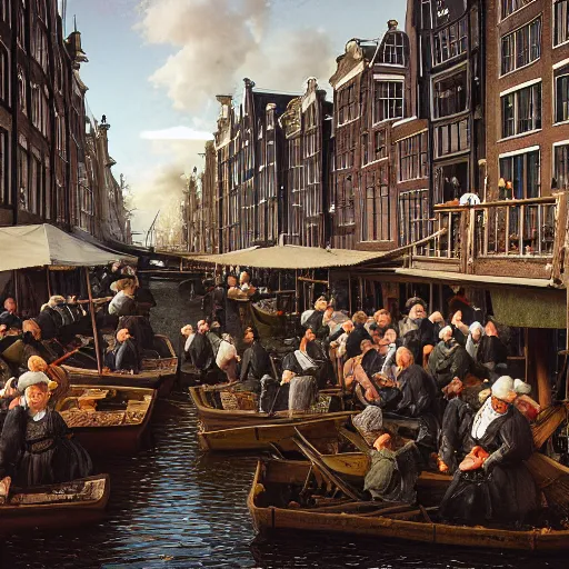 Prompt: Amsterdam Fish Market with huge crowd of Calvinists dress in black in the 17th century. realistic, digital art. Photo realistic, hyperdetailed, HD, Octane Render Substance Designer. Hiroshi Yoshida, James Gurney, Norman Rockwell, Albert Bierstadt, Marc Simonetti, John Harris, Peter Mohrbacher, Ralph McQuarrie.