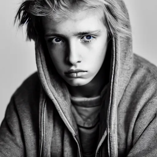 Image similar to Portrait of a sad looking teenage boy, around 20 yo, natural blonde hair and smooth pale skin. Detailed face. Award winning photograph.