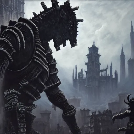 Image similar to Shadow of the Colossus, Bloodborne boss, matte painting, detailed, Bloodborne, oil on canvas