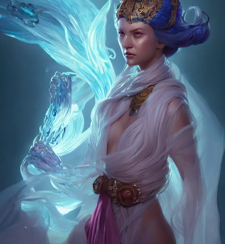 Prompt: portrait of a beautiful princess in robe. bio luminescent biomechanical halo around head. artwork by jarold Sng by artgerm, by Eddie Mendoza, by Peter mohrbacher by tooth wu, unreal engine, octane render, cinematic light, high details, iridescent colors, dichroic, macro