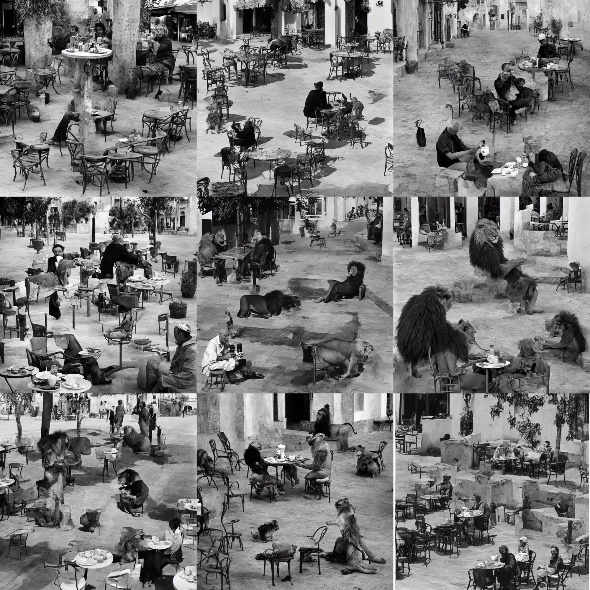 Prompt: A lion drinking a coffee at the terrace, in Rabat, Henry Cartier Bresson.