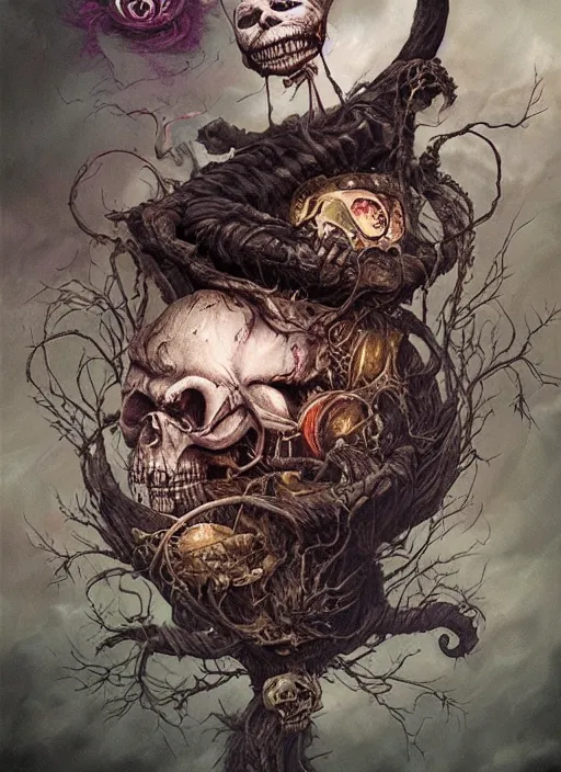 Image similar to Happy Cheshire Cat brewing tea, Death Tarot card,highly detailed,half skull face,cinematic,8k,by Stanley Artgermm,Tom Bagshaw,Greg Rutkowski,Carne Griffiths, Ayami Kojima, Beksinski, Giger,trending on DeviantArt,hyper detailed,horror, full of colour