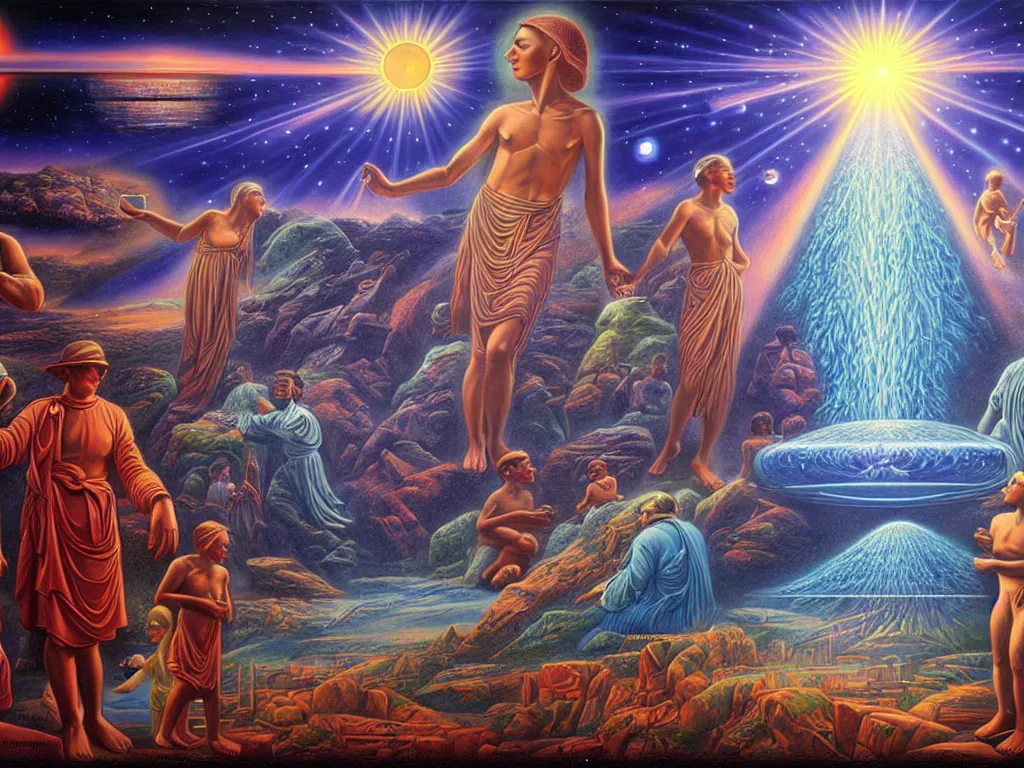 Image similar to a beautiful future for human evolution, spiritual evolution, divinity, enlightenment, utopian, by david a. hardy, wpa, public works mural, socialist