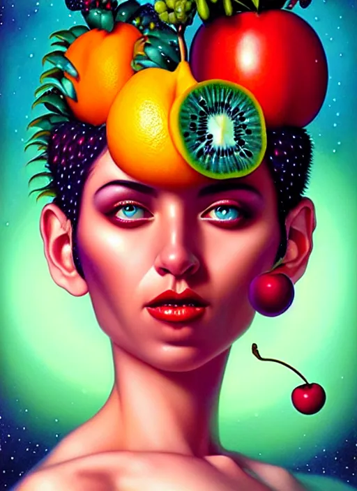 Prompt: cosmic random fruit portrait, pixar style, by tristan eaton stanley artgerm and tom bagshaw.