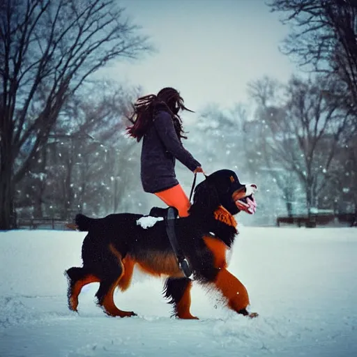 Image similar to girl riding giant Bernese Mountain Dog in the park, snow, trending on artstation