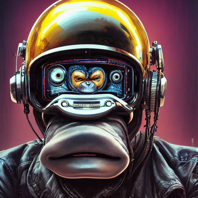 Image similar to a portrait of an anthropomorphic cyberpunk chimp in a motorcycle helmet by sandra chevrier, detailed render, tape deck, boombox, headphones, epic composition, cybernetics, 4 k realistic, cryengine, realistic shaded lighting, sharp focus, masterpiece, by matteo scalera, gary montalbano, peter elson in the style of the tokyo ghost comic