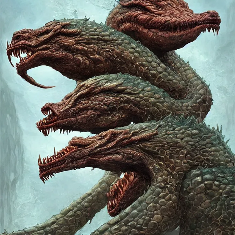 Prompt: two - headed hydra of lerna, jim carey as lloyd christmas and jeff daniels as harry dunne ( from dumb and dumber ), serpentine water monster, aquatic, d & d, fantasy, portrait, highly detailed, digital painting, trending on artstation, concept art, sharp focus, illustration, art by artgerm and greg rutkowski and magali villeneuve