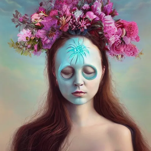 Prompt: a surreal oil painting of a woman portrait with the eyes covered by flowers blooming, her hair covered by fantasy mystic fowwers, and her head covered in a form of a church architecture, fantasy conceptual art, trending on artstation, hyperdetailed