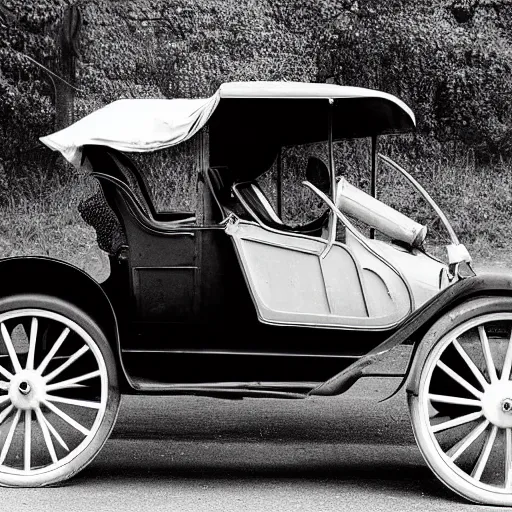 Image similar to a rabbit sitting inside a model t ford, black and white photograph