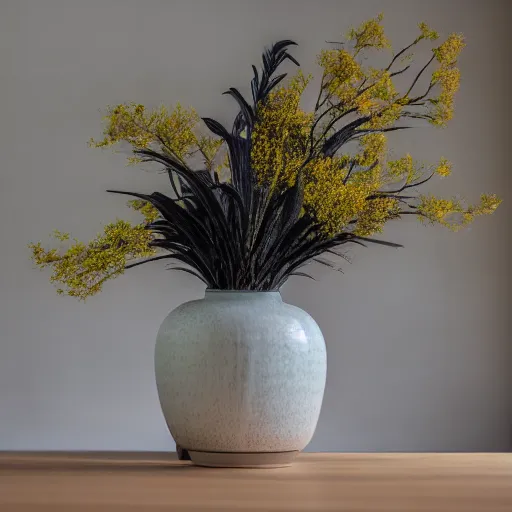 Image similar to a photo of 8k Ikebana in flower vase, ikenobo, ohararyu, sougetsu, wide angle, full body, sony a7r3, ultra detail, photorealistic, in simple background