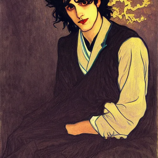 Image similar to painting of young cute handsome beautiful dark medium wavy hair man in his 2 0 s named shadow taehyung at the halloween pumpkin jack o'lantern party, depressed, melancholy, autumn, japan, elegant, clear, painting, stylized, delicate, soft facial features, delicate facial features, soft art, art by alphonse mucha, vincent van gogh, egon schiele