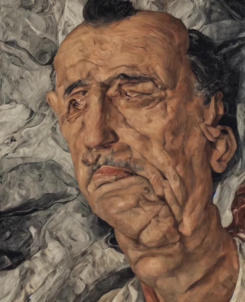Prompt: high quality, high detail, realistic portrait of bahram beyzai, painted by lucian freud, dramatic lighting, cinematic composition