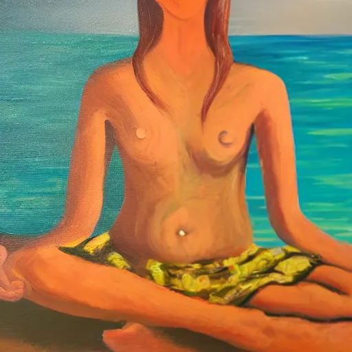 Image similar to freckled woman meditating on beach in caribbean, oil on canvas