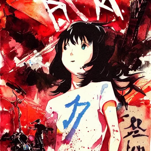 Image similar to vintage movie poster art for akira by trending pixiv fanbox, watercolor, style of makoto shinkai takashi takeuchi yoshiyuki and agnes cecile 4 k concept art