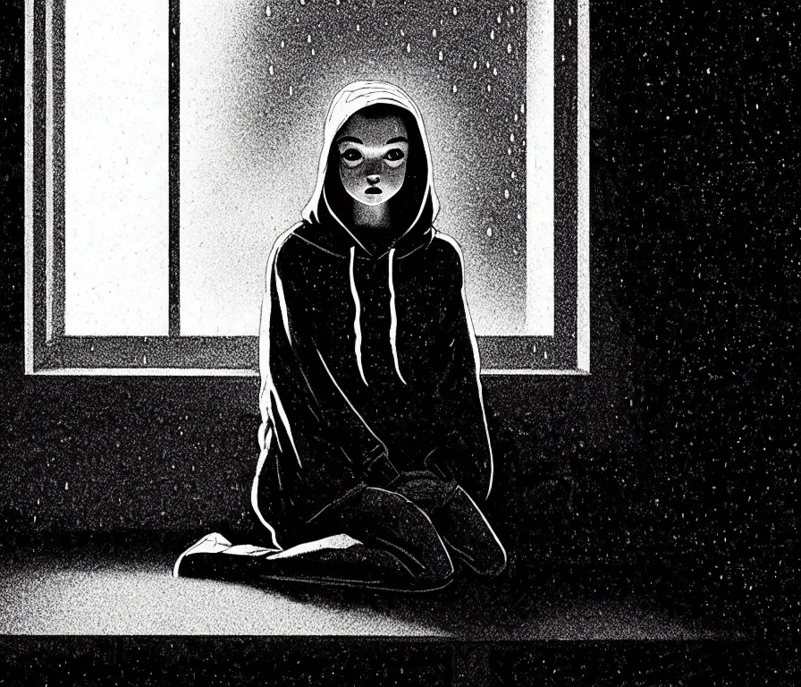 Prompt: sadie sink in hoodie sits on windowsill, knees tucked in | rain falls at night : storyboard, scifi cyberpunk. by saul bass, gabriel hardman, j. todd anderson, chris bonura. cinematic atmosphere, detailed and intricate, perfect anatomy