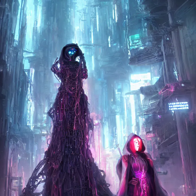 Image similar to futuristic priestess in a hooded robe full of cables and neons, cyberpunk, gothic, fantasy, science fiction, character concept art, matte painting, hyperdetailed, realistic, creepy, atmospheric, cinematic, kinemacolor