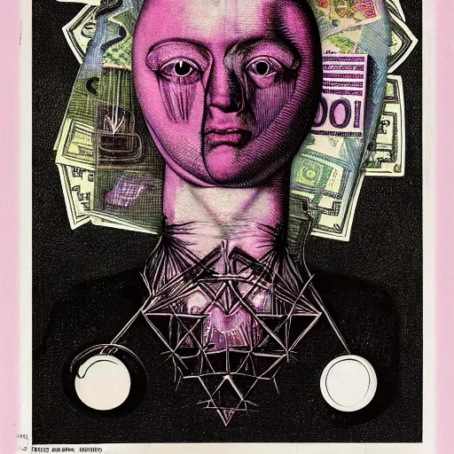 Image similar to post - punk new age album cover, asymmetrical design, frame of a dollar bank notes, capitalism, magic, apocalypse, psychedelic, black white pink, magic, giger h. r., giuseppe arcimboldo