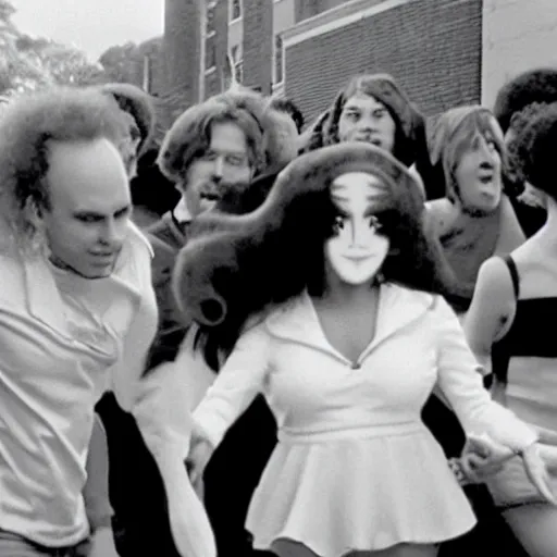 Prompt: live-action film a teenage girl with an inflatable cartoon head at the prom, and other students are laughing at her on the dancefloor, john waters film, 1974, technicolor