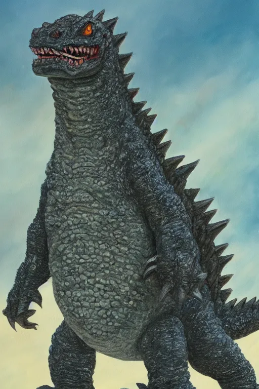 Image similar to a painting of baby godzilla, 4 k, very detailed,