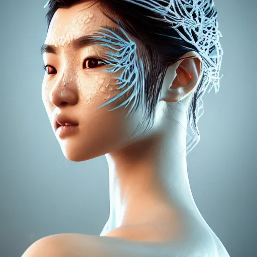 Image similar to intricate highly detailed face portrait of asian - european woman, light blue water vines on her face, intricate, cgsociety, unreal engine, octane render, sharp focus, smooth, volumetric lighting, cinematic composition, artstation