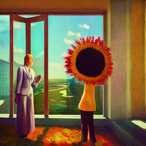 Image similar to giant daisy flower head, woman in suit, standing next to modern window in luxury loft, surreal photography, sunlight, impressionist painting, digital painting, artstation, simon stalenhag