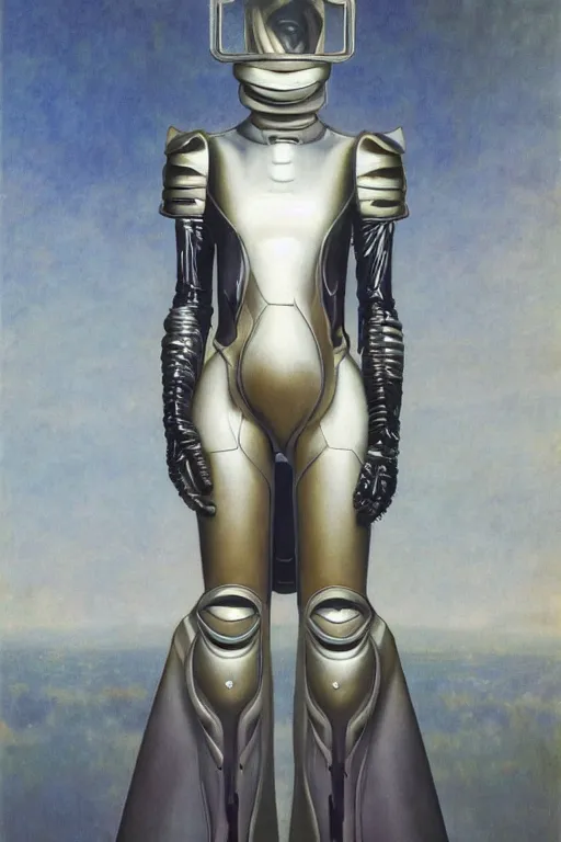 Image similar to full body portrait of beautiful gothic and futuristic fashion model, elegant space armour, cyber armour, highly detailed, artstation, illustration, composition, 8 k quality, art by jean delville, rene magritte, hyperrealism oil painting