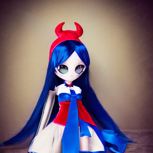 Image similar to cute fumo plush of a superheroine girl in a blue dress, magical girl, gothic anime girl, velvet, vray