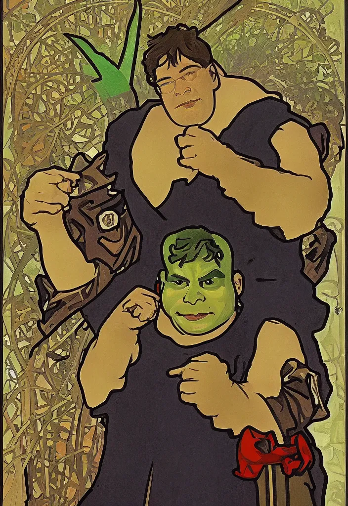 Image similar to yann lecun as shrek, in art style by alphonse mucha