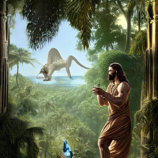 Image similar to a detailed matte painting of a ridiculously good looking jesus who is best friends forever with a velociraptor, elegant ancient greek dress, jungle as the background, drinking a martini, very detailed, beautiful, intricate, art by greg rutkowski and robert e howard, octane render