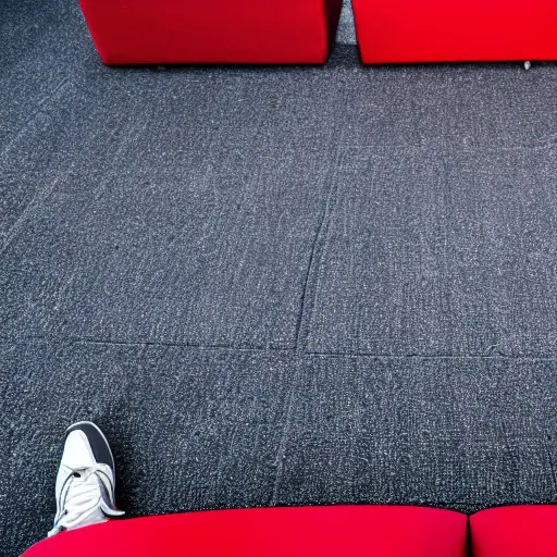 Prompt: a red carpet floor. a chair sits off to one side. the chair has wires extending offscreen.