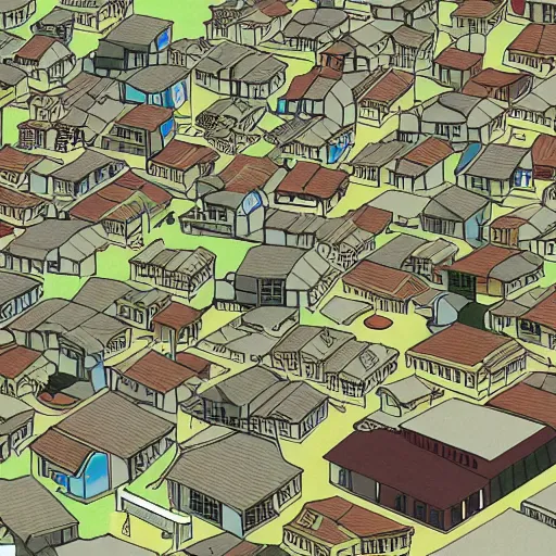 Prompt: japanese town, neighborhood, japanese city, underground city, modern city, tokyo - esque town, 2 0 0 1 anime, cel - shading, compact buildings, sepia sunshine