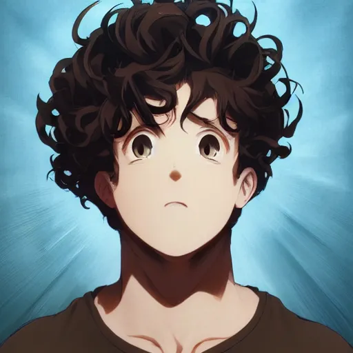 Prompt: An anime portrait of a mid-sized anime man with extremely short curly brown hair, a large mouth, chubby face, brown eyes, without glasses, wearing a t-shirt, his whole head fits in the frame, solid background, by Stanley Artgerm Lau, WLOP, Rossdraws, James Jean, Andrei Riabovitchev, Marc Simonetti, and Sakimi chan, trending on artstation