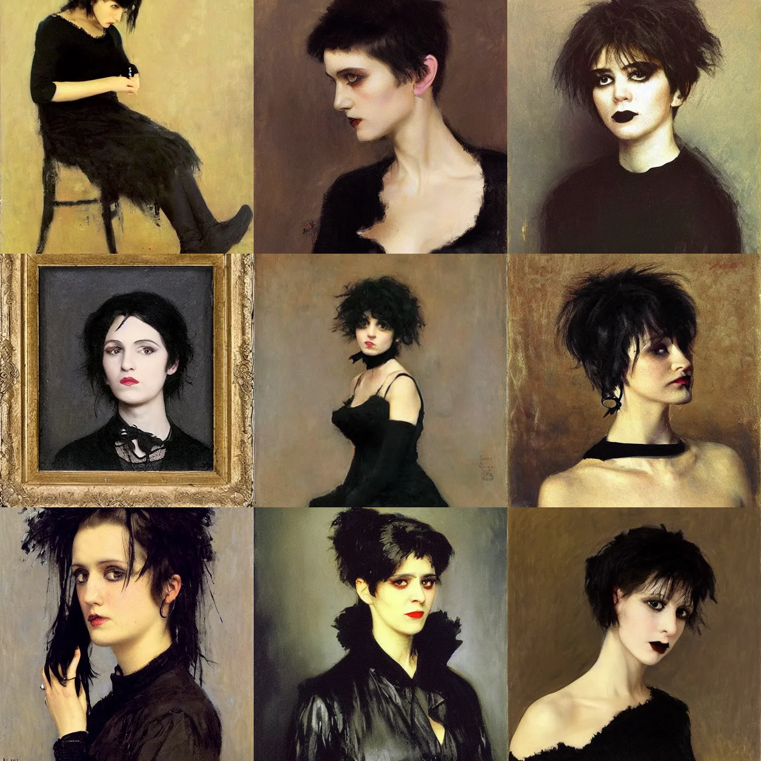 Prompt: A goth painted by Ilya Repin. Her hair is dark brown and cut into a short, messy pixie cut. She has a slightly rounded face, with a pointed chin, large entirely-black eyes, and a small nose. She is wearing a black tank top, a black leather jacket, a black knee-length skirt, a black choker, and black leather boots.