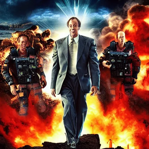 Prompt: armageddon by michael bay movie poster with all characters faces swapped with rowan atkinson, high detail, realistic, 4 k