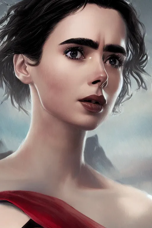 Image similar to a fancy close up of Man of Steel cast as Lily Collins by Greg Rutkowski, Sung Choi, Mitchell Mohrhauser, Maciej Kuciara, Johnson Ting, Maxim Verehin, Peter Konig, 8k photorealistic, cinematic lighting, HD, high details, dramatic, trending on artstation, full body shot