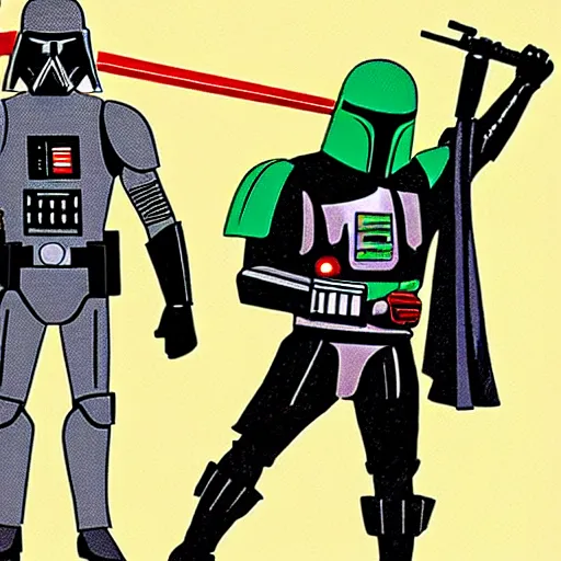 Image similar to cartoon of darth vader and boba fett standing proudly shoulder to shoulder