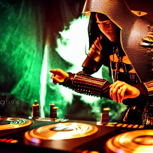 Prompt: photograph of a dubstep dj in holy knight armor djing during a medieval party, 8 k resolution, high detail